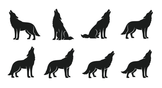 Set of howling wolf silhouettes illustration of wild animal in various poses isolated on white background