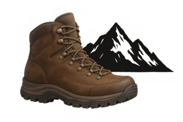 Hiking boot and mountain silhouette representing adventure, trekking, and outdoor activities on a transparent background