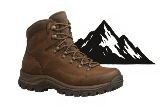 Hiking boot and mountain silhouette representing adventure, trekking, and outdoor activities on a transparent background