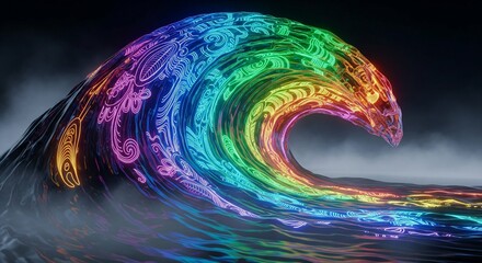 Naklejka premium Vibrant rainbow-colored wave with swirling patterns against a dark background with fog