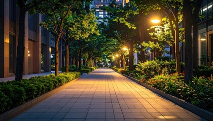 Obraz premium City Street Lined With Trees and Lights at Dusk Illuminating the Paved Pathway with Lush Greenery on Both Sides