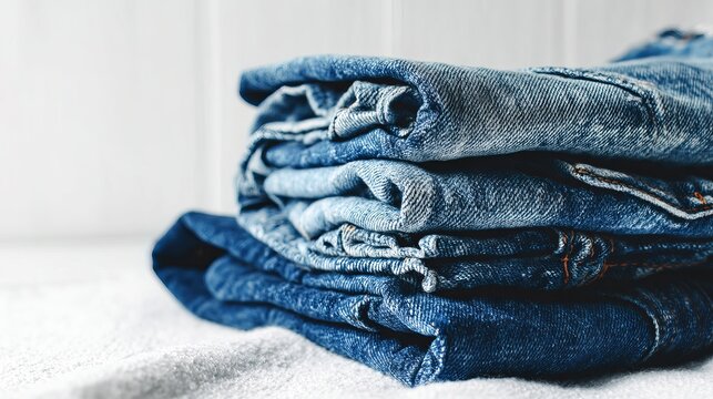 Neatly stacked pile of blue denim jeans showcasing classic style and everyday comfort for fashion retail - Powered by Adobe