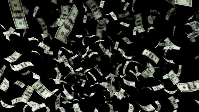 Hundreds of hundred-dollar bills gently falling and rotating against a black background, creating a dynamic effect of wealth descending from above with varied angles and speeds