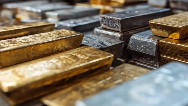 Close-up of gold and silver ingots stacked in a gleaming heap with warm metallic reflecting glimmer