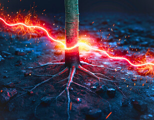Red Electrical Discharge Splitting Tree Trunk and Roots Concept