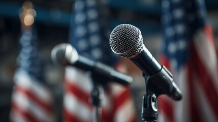 Powerful microphones stand ready before blurred American flags, capturing the anticipation of important speeches and national events.