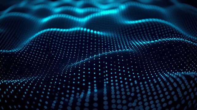 A serene wave-like grid formed by glowing blue particles and connecting lines gently undulates against a dark background with a slow rhythmic movement and subtle camera tilt