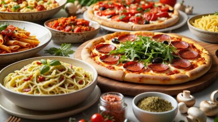 Close-up of steaming pasta with tomato sauce, fresh basil, and slices of pepperoni pizza topped with arugula beside jars of spices and fresh mushrooms on wooden table - Powered by Adobe