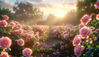 Stunning rose garden bathed in golden sunset light, perfect for romantic designs, elegant invitations, and celebrating love in a beautiful, natural setting.