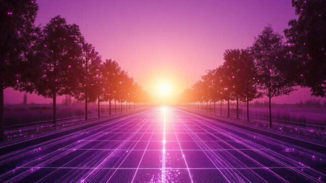 Futuristic highway sunset, trees lining road, digital grid