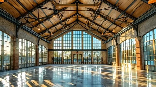 A large empty gymnasium with large windows and a wooden ceiling