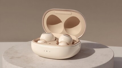 wireless earbuds inside open charging case with soft LED glow, minimalistic neutral background, premium tech product photography