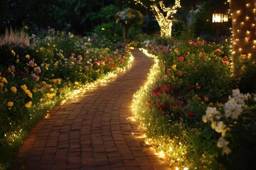 Fototapeta premium Lit pathway winding through a garden with flowers at night