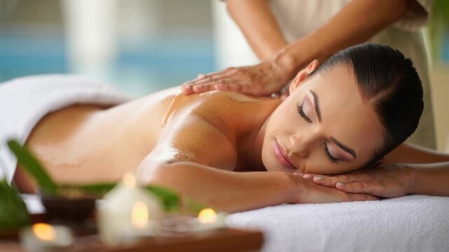 Relaxed woman lying face down on massage table with eyes closed smiling softly while receiving gentle oil massage on back and shoulders in spa setting with soft candlelight and green plants