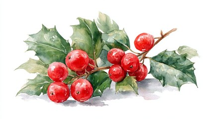 Cartoon holly berry and green leaves festive Christmas decoration cute vector clipart winter holiday botanical icon for greeting cards gift tags stickers and seasonal crafts