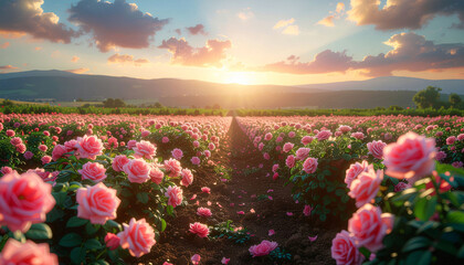 Fototapeta premium Stunning pink rose field bathed in golden sunset light, evoking romance and natural beauty for commercial projects and designs