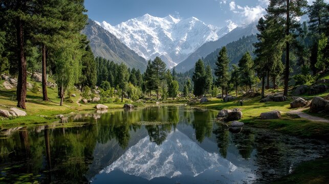 Majestic Nanga Parbat Reflected in Serene Pond Surrounded by Lush Fairy Meadows