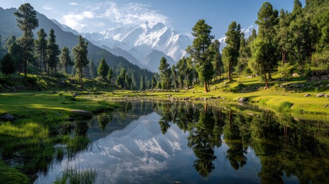 Breathtaking Reflection of Nanga Parbat in a Serene Pond at Fairy Meadows: A Beautiful Adventure Destination Surrounded by Lush Green Forests