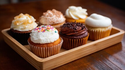 Colorful cupcakes with frosting and toppings sit invitingly on a wooden tray in a warm setting.