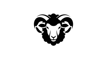 A striking black and white graphic illustration of a ram's head with prominent curved horns.