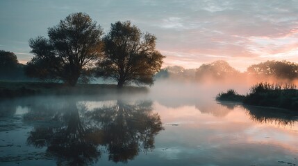 Serene river mist at sunrise with golden light illuminating silhouetted trees and tranquil water reflections