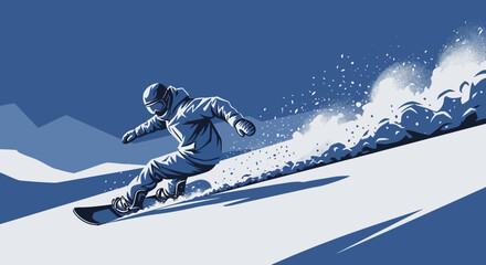 A person snowboarding down a snowy slope, creating a trail of snow in a dynamic action shot.