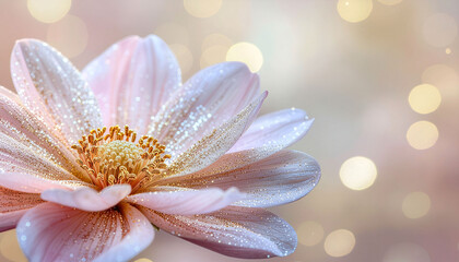 Fototapeta premium Elegant pink flower with shimmering glitter and bokeh lights creates a stunning, romantic atmosphere perfect for design projects