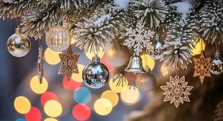 Sparkling christmas tree ornaments and soft bokeh lights create a festive holiday atmosphere