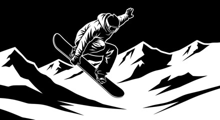 A black and white graphic illustration of a snowboarder jumping over snowy mountains.
