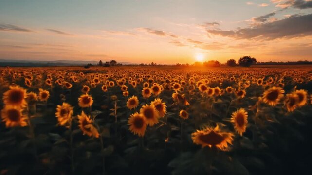 Golden sunset bathes a vast sunflower field in warm hues, silhouettes distant trees on the horizon