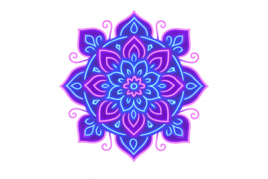 Neon mandala lighting pattern with glowing purple and blue colors, spiritual symbol on transparent background