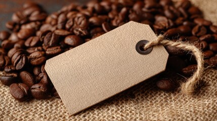 Aromatic coffee beans surround a blank tag waiting for a unique label or branding touch.