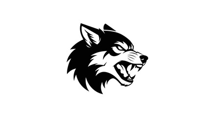 Black and white illustration of a wolf's head with an aggressive expression, showing its teeth.