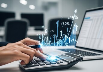 Hand using a calculator with a holographic chart overlay showing a rising line graph and green business growth arrows