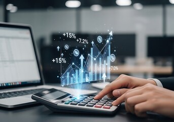 Hand using a calculator with a holographic chart overlay showing a rising line graph and green business growth arrows