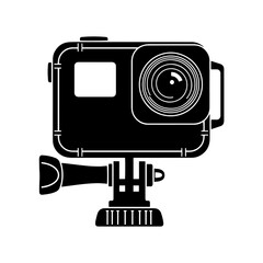 action camera with a square, rugged design mounted 