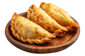 Argentina and Uruguay empanadas stacked in a pyramid, golden baked crust, meat and potato filling on wooden plate, isolated on white transparent background, concept of traditional South American Cuisi