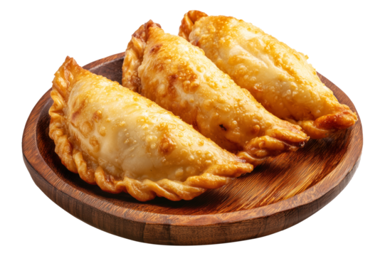 Argentina and Uruguay empanadas stacked in a pyramid, golden baked crust, meat and potato filling on wooden plate, isolated on white transparent background, concept of traditional South American Cuisi