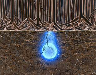 3D Render of Underground Blue Water Source and Plant Roots