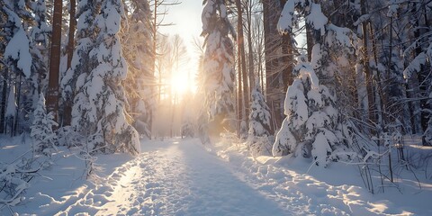 Sunrise in Snowy Forest