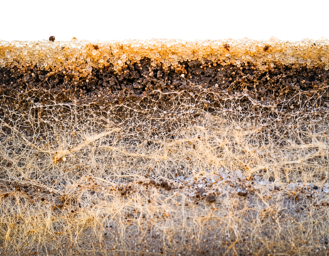 Close-up of Soil Cross-Section with Dense Root System (Transparent Background)