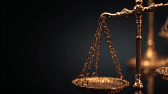 Golden balance scales glint in a dark space; dainty chains hover above empty pans, evoking justice.!