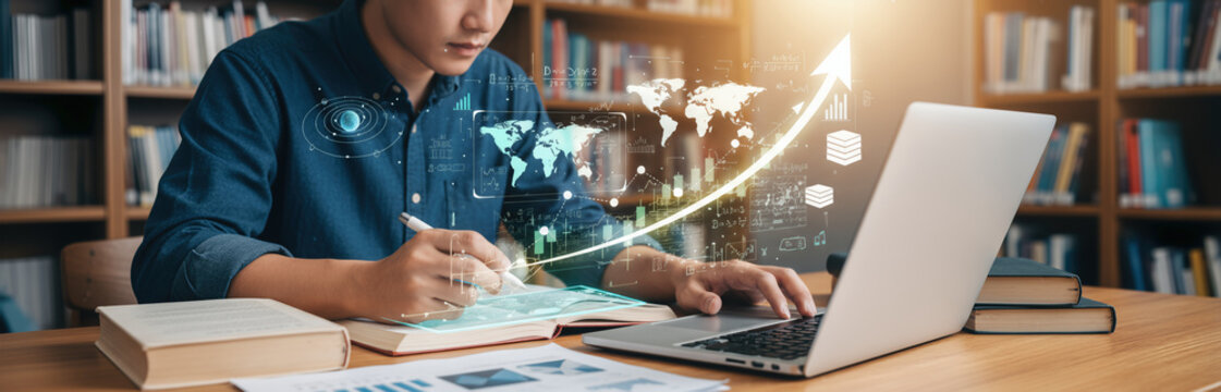 Student analyzes data with projections in a home library - Powered by Adobe