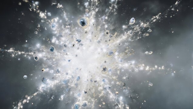 A luminous explosion of light and particles against a dark, nebulous background