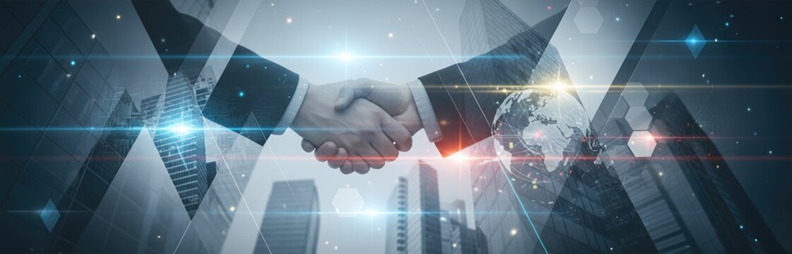 Business handshake seals agreement in modern cityscape - Powered by Adobe