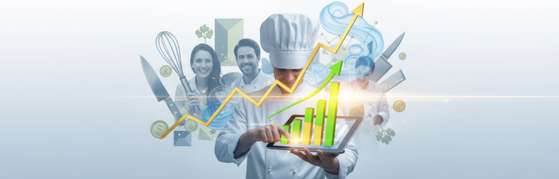 Chef analyzes data on tablet in culinary business concept - Powered by Adobe