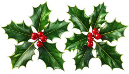 Two holly sprigs with red berries on black