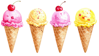 Four ice cream cones in a row with cherries on two