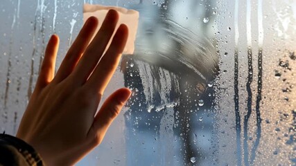 Hand cleaning window glass wiping surface sunlight water droplets - Powered by Adobe