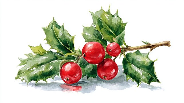 Cartoon holly berry and green leaves festive Christmas decoration cute vector clipart winter holiday botanical icon for greeting cards gift tags stickers and seasonal crafts